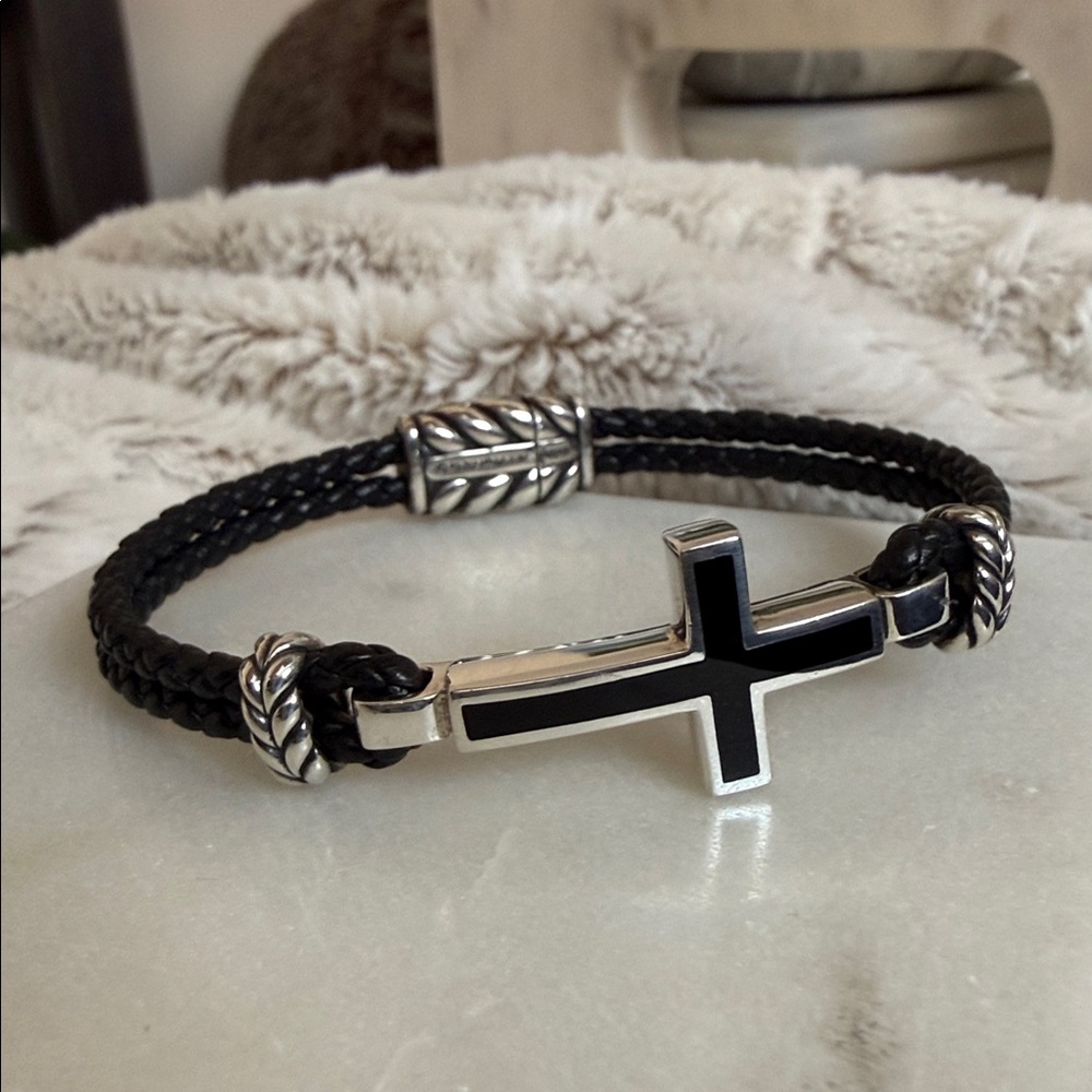 David Yurman Black Leather Bracelet with Silver Cross Accent